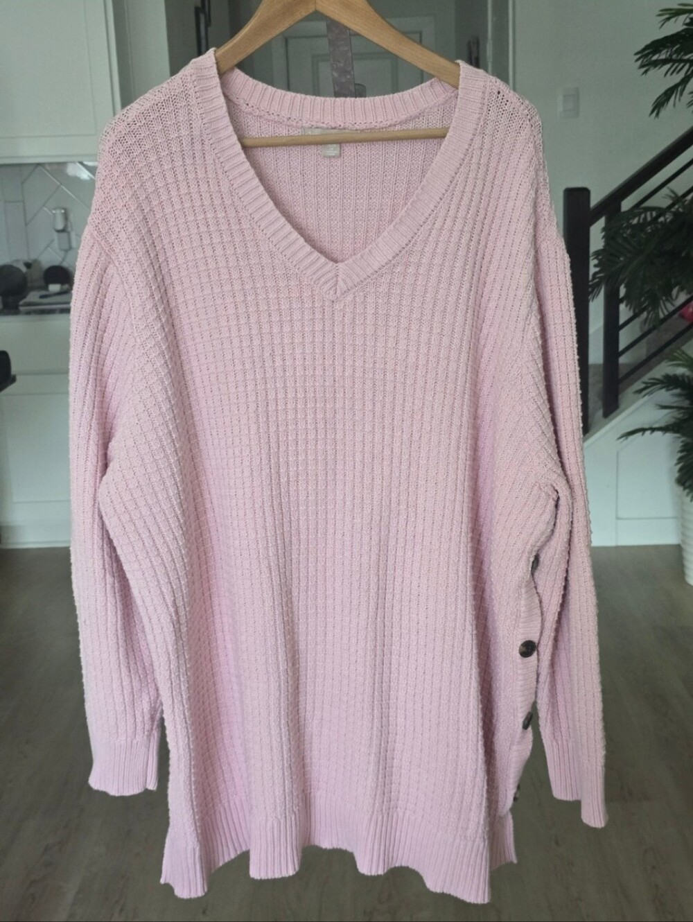 Woman Within Pink Waffle Knit V-Neck Tunic Sweater Plus Size 2X Oversized Cozy